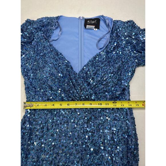 Mac Duggal Puff Shoulder Long Sleeve Sequined Surplice Gown In French Blue Sz 6 - Picture 9 of 11